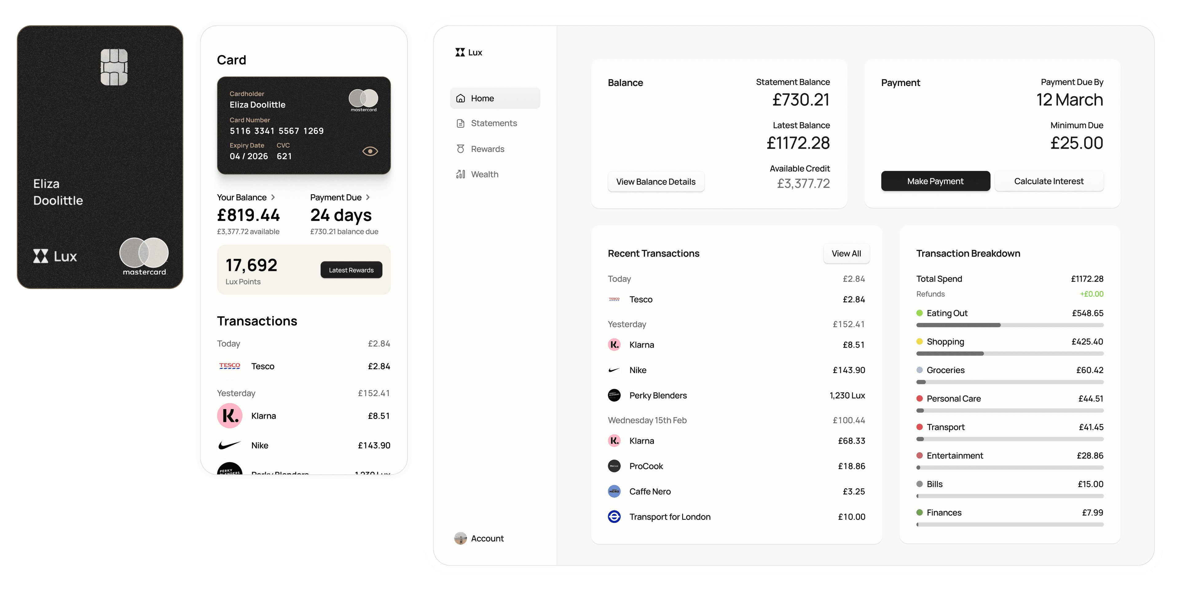 A product demo, showing the Lux credit card, the home screen of the phone app and the web app home page. The top half of the phone screen shows the card and its details such as the card number. You can see your credit card balance as well as when the payment is due, with a scrollable list of all your transactions.